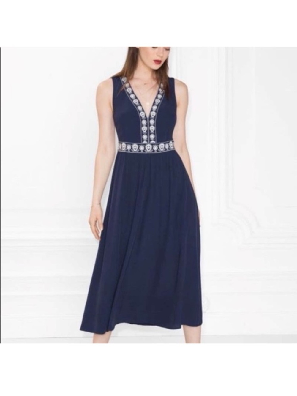 & Other Stories Navy Blue Embroidered V-Neck Maxi Dress